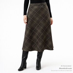 Steilmann US 10 Grey Plaid Wool Blend A-Line Midi Skirt Workwear